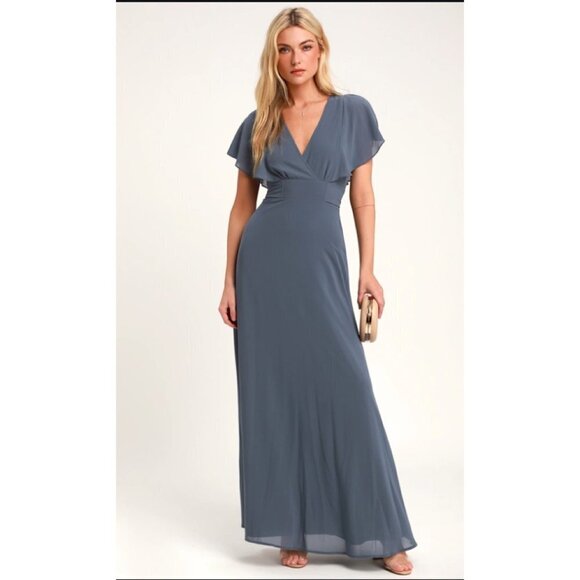 NEW Lulu's Blue Flutter Sleeve Maxi Dress Gown - Picture 7 of 8